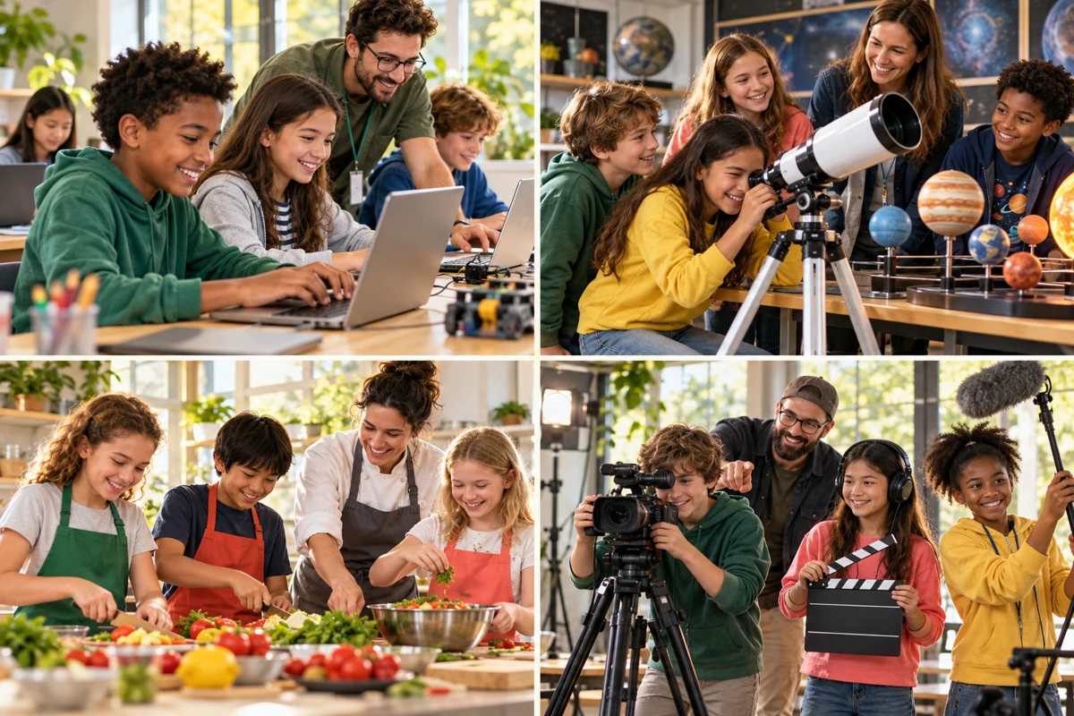 Children exploring technology, astronomy, cooking and filmmaking