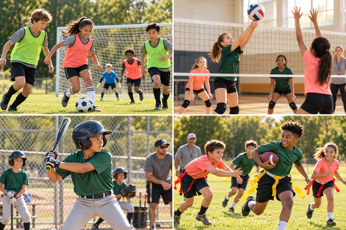 Children playing soccer, volleyball, baseball and flag football